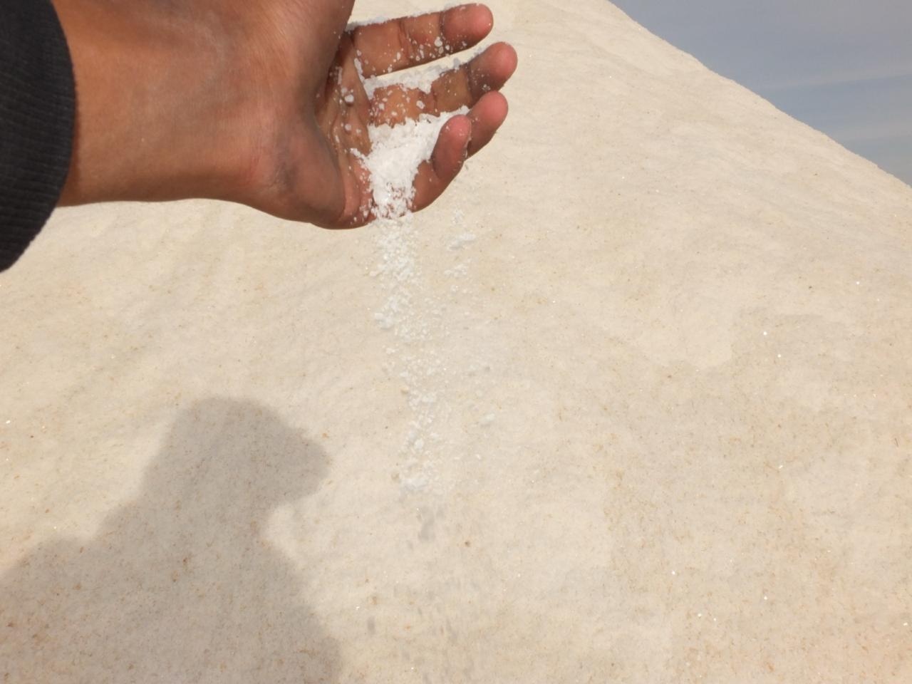 White rock salt crystals held in a hand